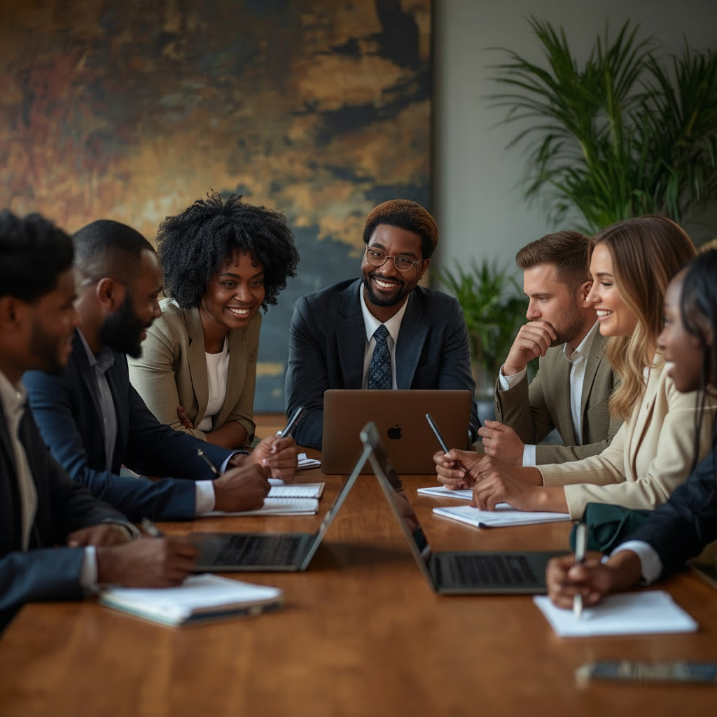 A diverse group of professionals collaborating in a modern office.